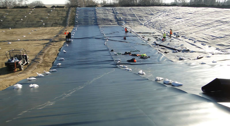 Several workers are laying black PVC geomembrane, and cement bags are put on the PVC geomembrane orderly.