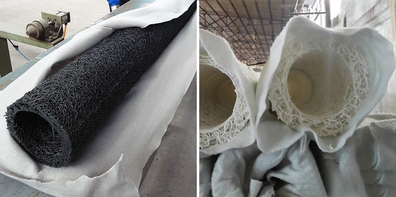 Two workers are packaging a black circular plastic blind drain with white geotextile.