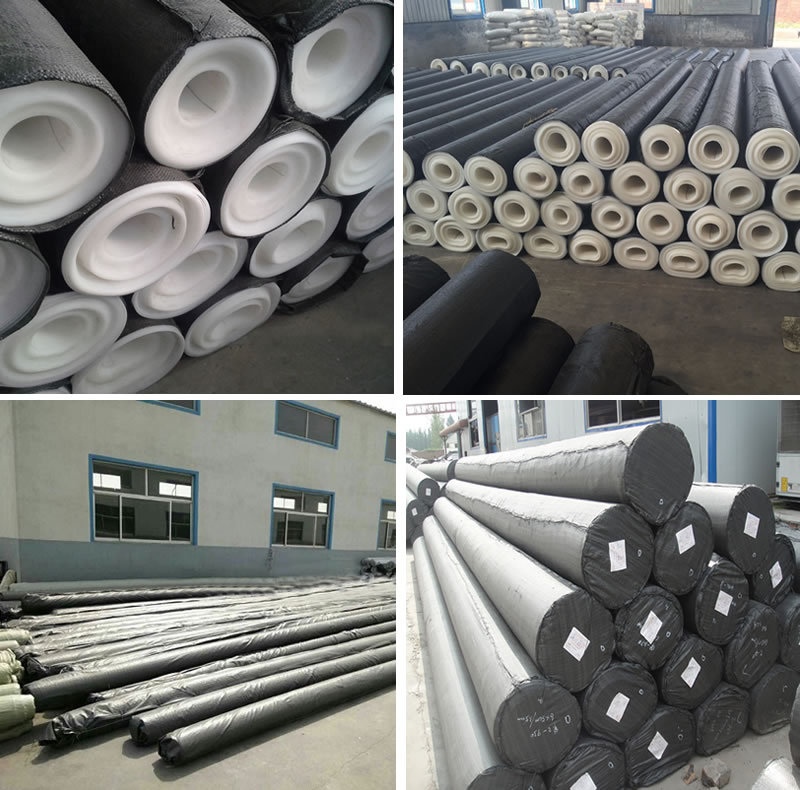 Numbers of PVC geomembrane rolls are wrapped with black woven bags and piled up together orderly.