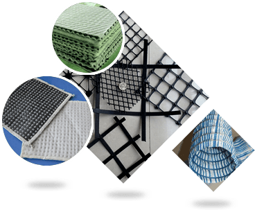 Various types geogrids, soft permeable pipe, geosynthetic clay liner, three dimensional composites drainage network samples.